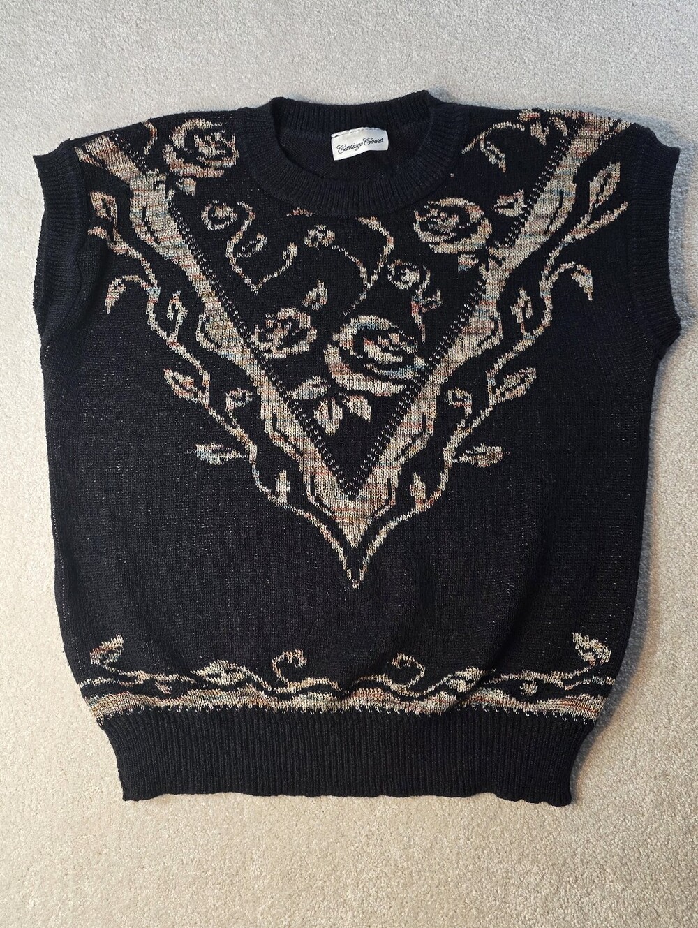 Carriage Court Vintage Floral Sweater Vest Black Cottagecore Prairie Womens M